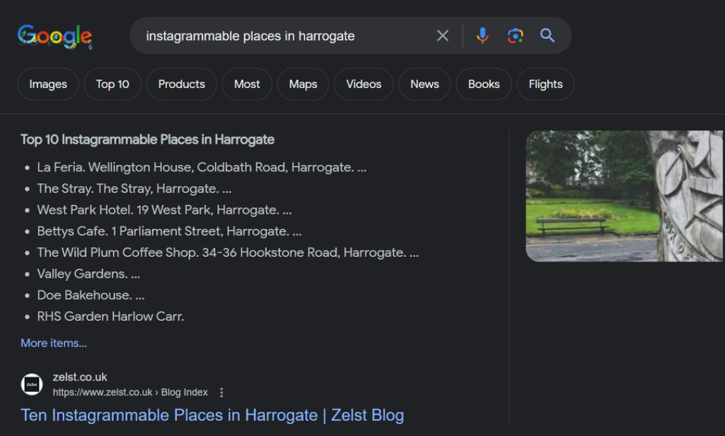 An image of a featured snippet won by Zelst about the Top 10 Instagrammable Places in Harrogate