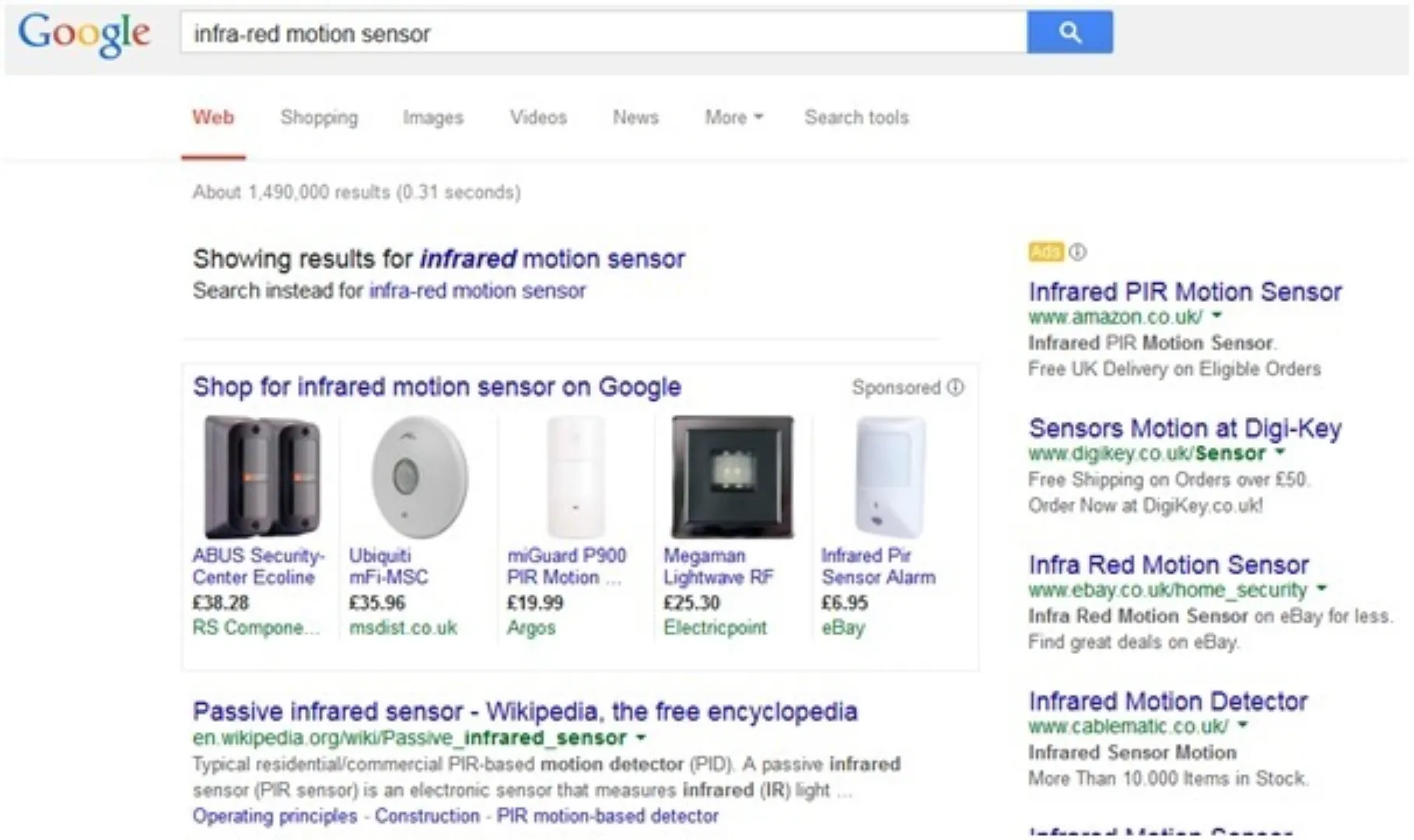 Google Shopping search for 'infra red motion sensor'.