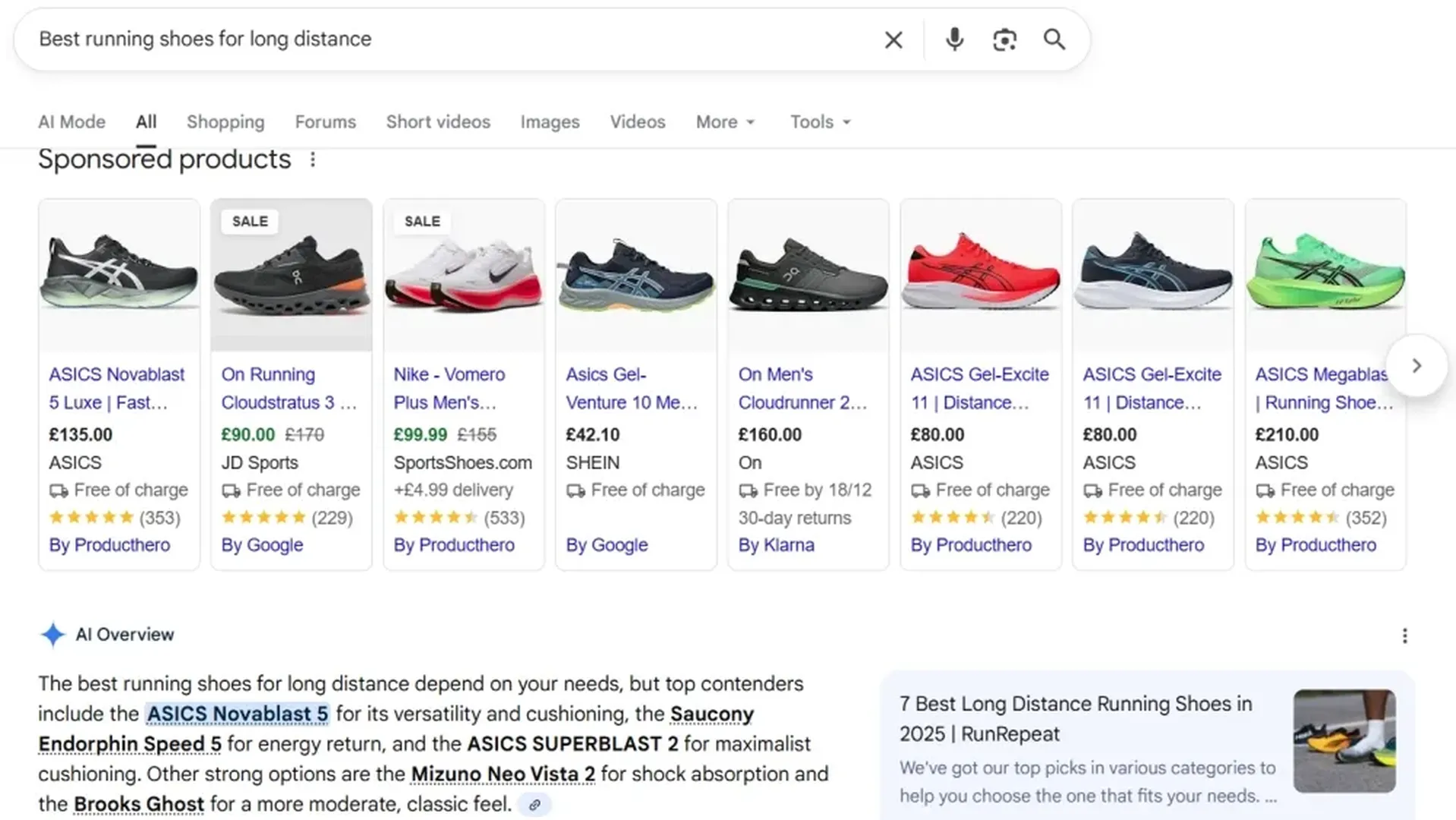 Sponsored results appear above and within the AI Overview in response to the query ‘Best running shoes for long distance’.
