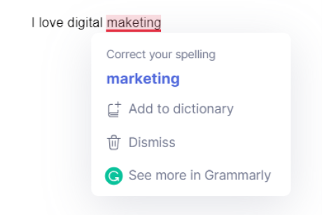 The Grammarly extension providing a spell check for the incorrect spelling of 'digital marketing'