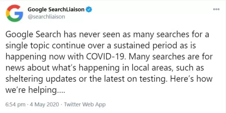 A Tweet by Google Search Liaison About the Number of Searches for COVID-19 on Google