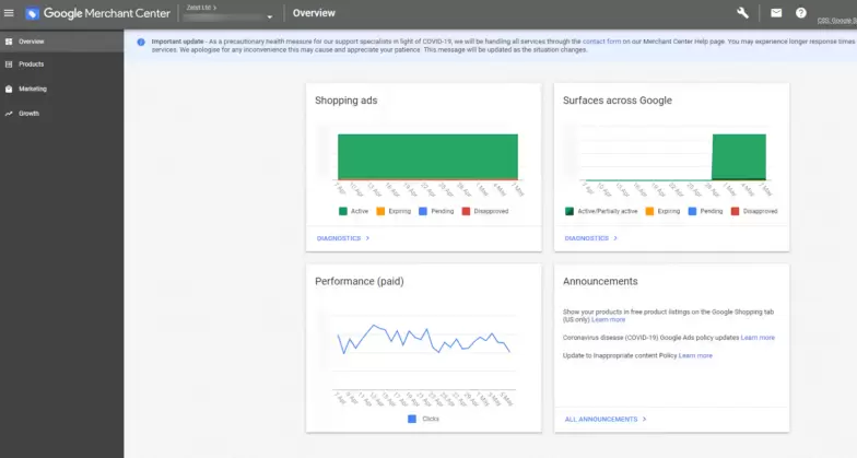 The Google Merchant Dashboard Overview in the US