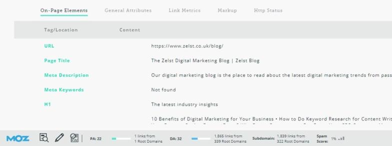 The Moz Bar SEO extension showing valuable on-page SEO information