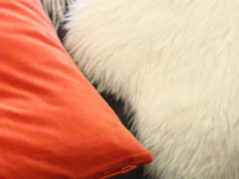 Orange cushion on left angled in on safe with white fluffy cushion angled on the right