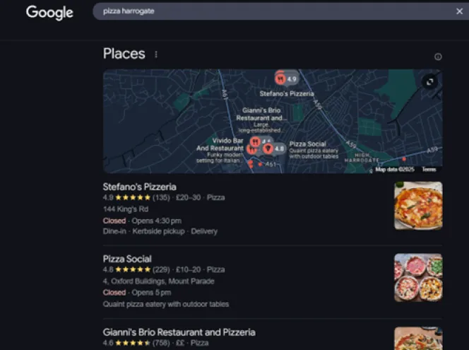 Google search showing pizza places in Harrogate.