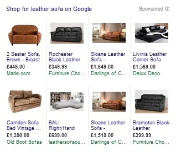 Google Shopping for a leather sofa.