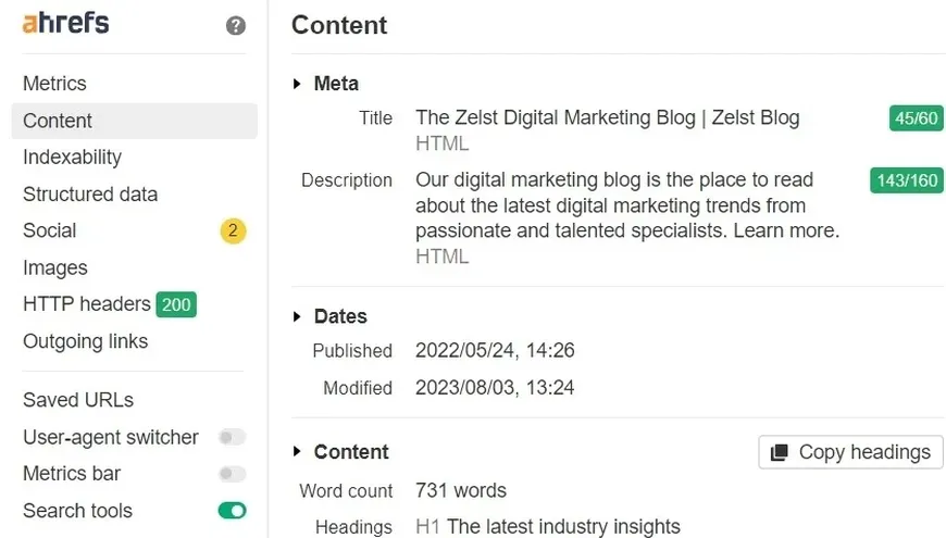 The Ahrefs SEO Toolbar analysing the Zelst homepage.