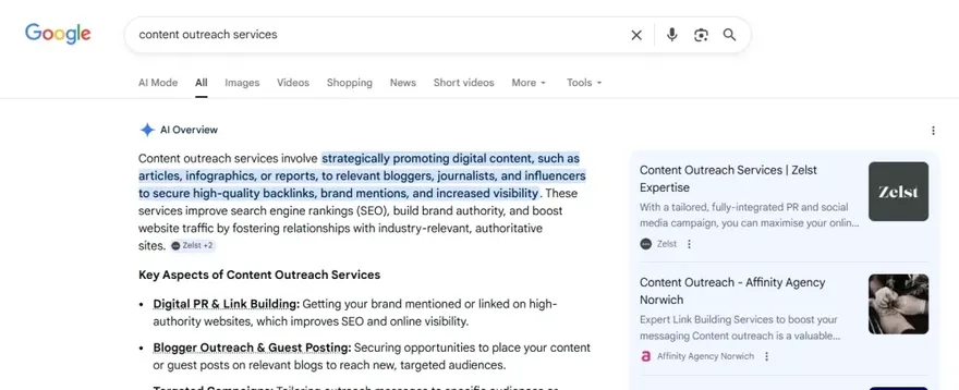 Google’s AI mode screen for the query ‘content outreach services'.