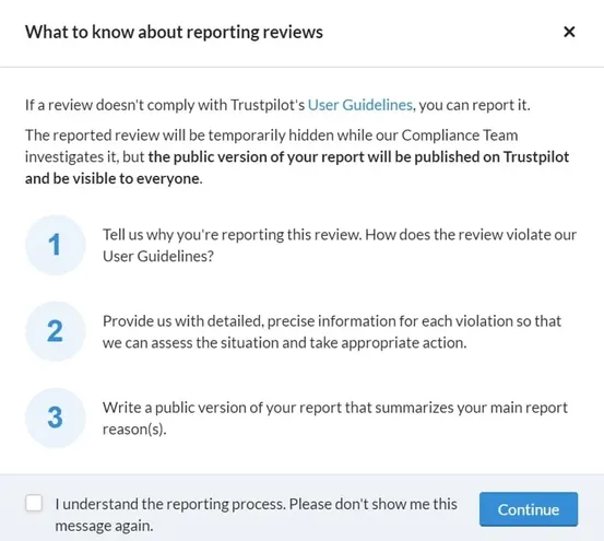 Steps to reporting a fake Trustpilot review.