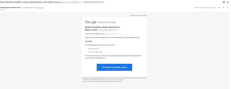 Email from Google Search Console mobile usability issue.