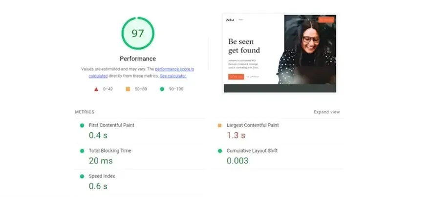 The Core Web Vitals score from Google Lighthouse for the Zelst homepage.