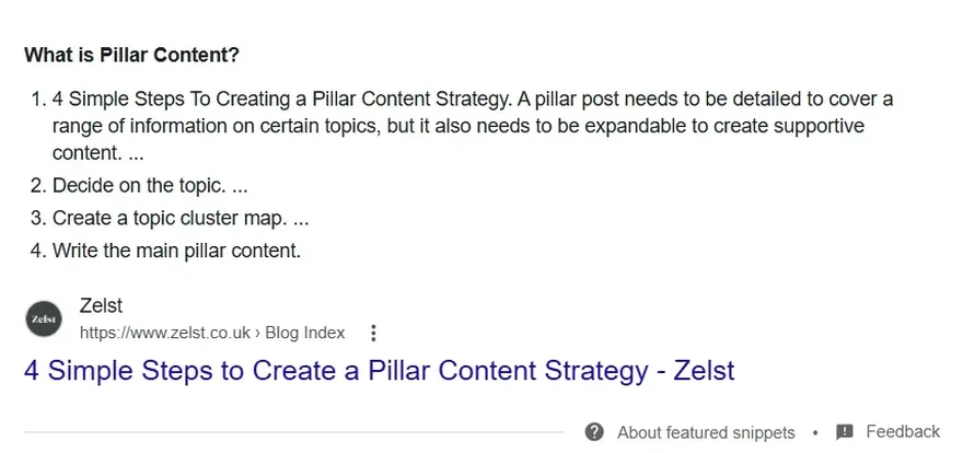 Featured snippet for the query 'simple steps to creating a pillar content strategy'.