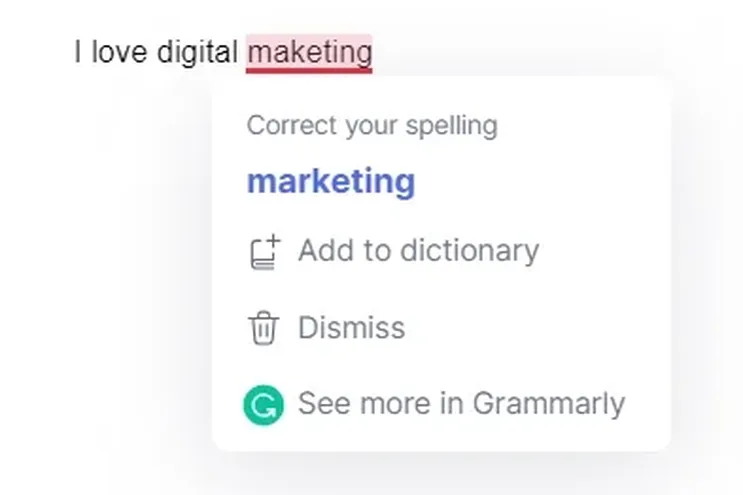 The Grammarly extension providing a spell check for the incorrect spelling of 'digital marketing'.