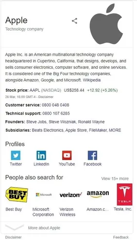 Apple's knowledge panel on Google.