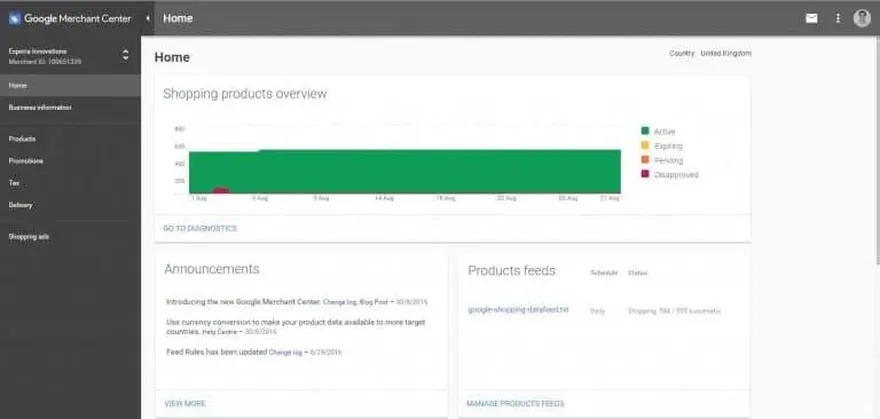 New Google merchant centre home page.