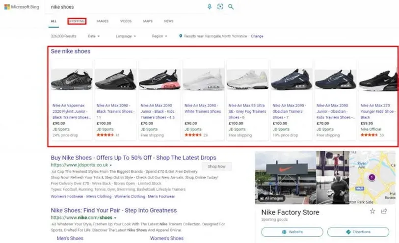 Bing shopping search for Nike shoes example.