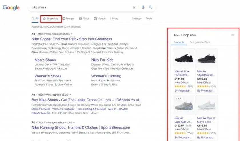 Google shopping search example for Nike shoes.