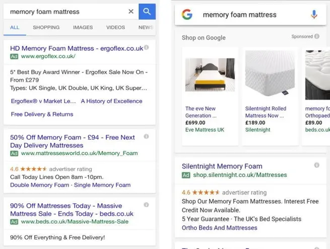 New Google Ads in top 4 spots and shopping in right column.