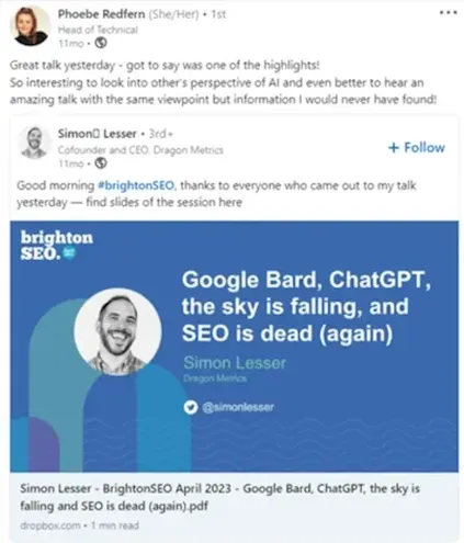 Screenshot of Phoebe's LinkedIn post about Simon Lesser's SEO is Dead Again talk.