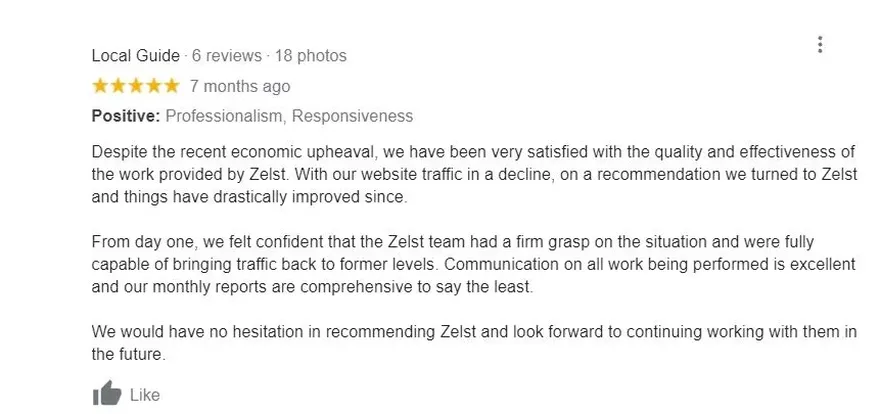 Example of a real five star Google review.