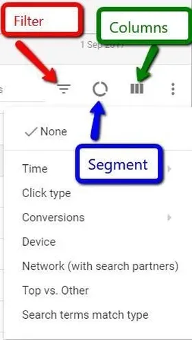 Segment, filter and columns.