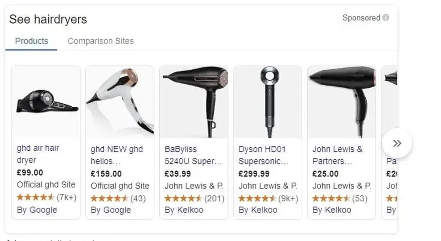 Shopping results on Google for hairdryers.