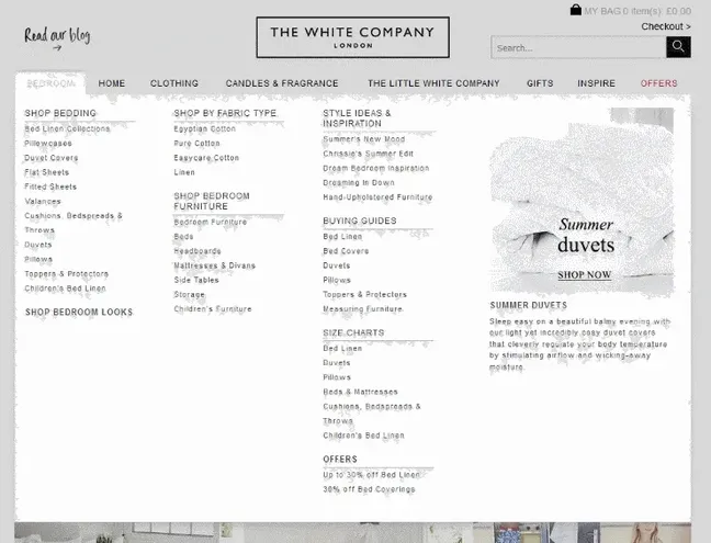 White Company website menu.