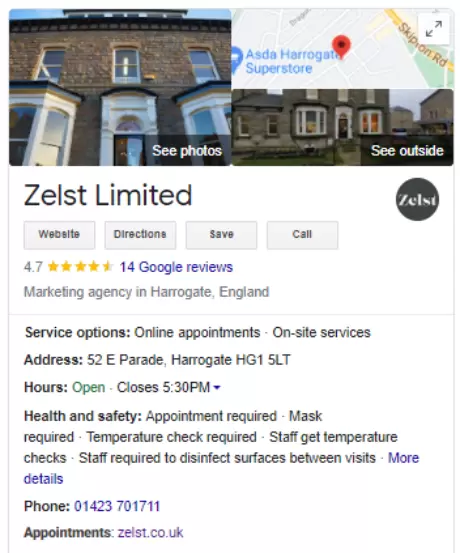 Zelst limited Google My Business page.